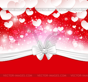 Glowing background with paper hearts, bow, ribbons - vector image