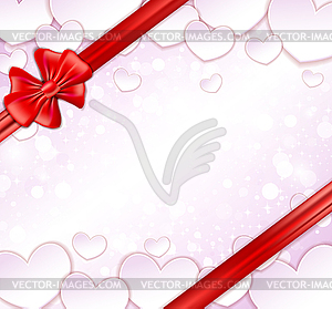 Glowing background with paper hearts, bow, ribbons - vector image