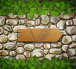 Stone wall with wooden arrow and leaves - vector image