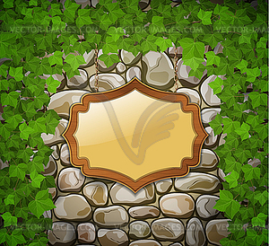 Stone wall with wooden shield and leaves - vector clipart