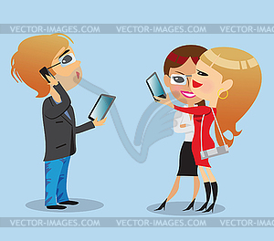 Young office workers, friends make selfie - vector clipart