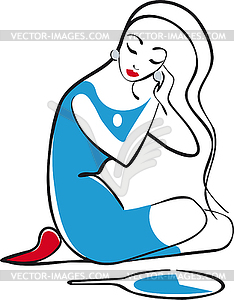 Сидит девушка в синем пытается на серьги, эскиз - изображение в векторном формате