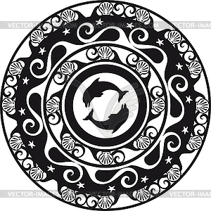 Circular ornament, delf and shell black and white - vector clip art