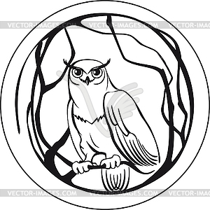 Black and white owl sitting on branch tree circular - vector EPS clipart