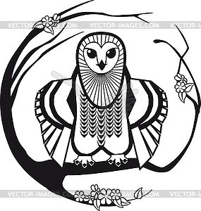 Black and white owl sitting on branch tree sakura - vector image