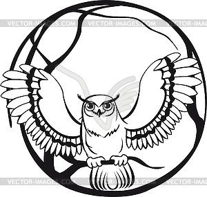 Black and white owl sitting on branch tree. circula - vector clipart