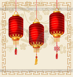 Background in Oriental Style with Chinese Lanterns - vector clipart