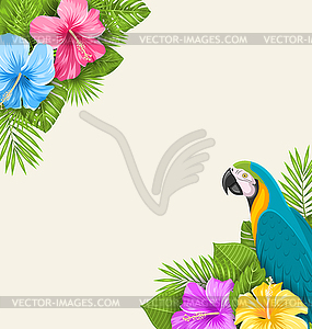 Summer Exotic Background with Parrot Ara, Hibiscus - vector EPS clipart