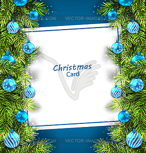 Christmas Card with Fir Twigs and Glass Balls - vector image