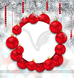 Christmas and Happy New Year Card with Red Balls - vector image