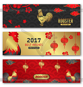 Коллекция Баннеры для китайских Петухи Новый год - иллюстрация в векторном формате