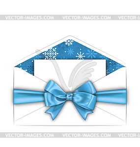 Envelope with Greeting Card and Blue Bow Ribbon - vector image