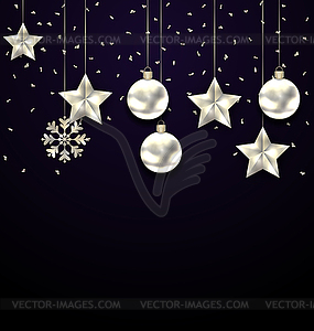 Christmas Dark Background with Silver Balls, Stars - vector image