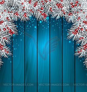 Christmas Wooden Background with Fir Tree Twigs - vector image