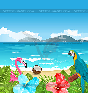 Exotic Wallpaper with Parrot Ara, Pink Flamingo - vector clip art