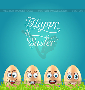 Humor Easter Card with Crazy Eggs on Grass Meadow - vector image