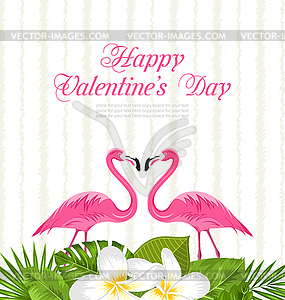 Cute Card with Pink Flamingos and Green Leaves for - vector clip art