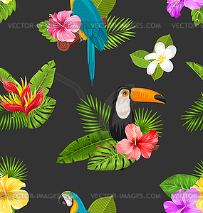 Seamless Pattern with Exotic Flowers and Birds. - vector image