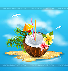 Exotic Coconut Cocktail with Frangipani and Palm - vector image