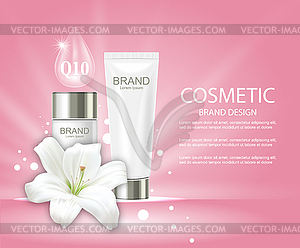 Advertising Poster with Cosmetic Tubes and Lily - vector clipart