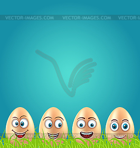 Humor Easter Card with Crazy Eggs on Grass Meadow - vector clipart