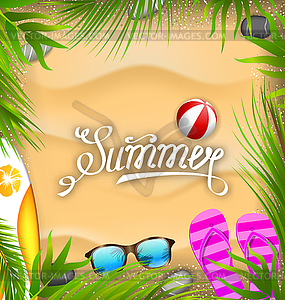 Красивый плакат с пальмовыми листьями, пляжный мяч, - векторный клипарт Royalty-Free