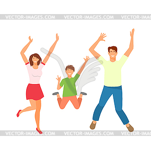 Father, Mother and Son Jumping. Happy Active Family - vector clipart