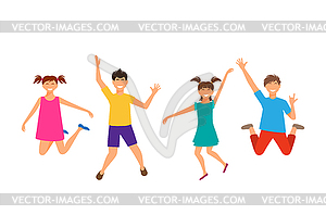 Happy Cartoon Cheerful Young Girls and Boys Jumping - vector image