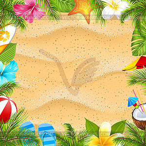 Creative Poster with Palm Leaves, Beach Ball, - vector image