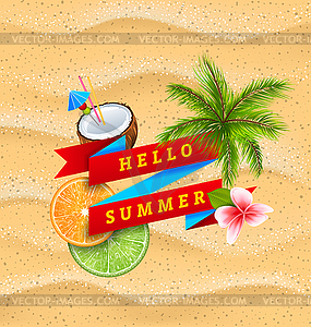 Hello Summer Banner with Flower, Coconut Cocktail, - color vector clipart