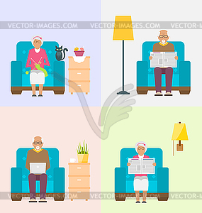 Leisure for Pensioners, Reading Newspaper, Knitting - vector clipart