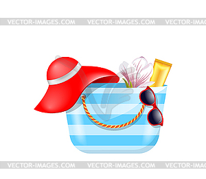 Female Bag with Beach Accessories. Set of Summer - stock vector clipart