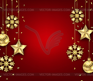 Christmas Background with Golden Balls, Stars and - vector clipart