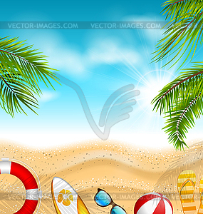 Beautiful Banner with Palm Leaves, Beach Ball, - vector clipart