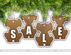 Wallpaper with Fir Branches and Stickers Dog, Sale - vector clip art