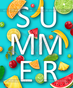 Summer Banner with Pineapple, Watermelon, Banana, - vector clip art
