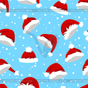 Seamless Pattern with Santa Hats and Snow on Blue - royalty-free vector clipart