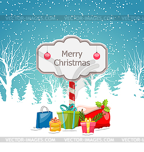 Christmas Winter Landscape with Wooden Signboard an - vector clipart / vector image