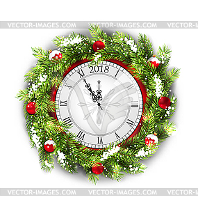 Christmas Wreath with Clock, New Year Decoration - vector clip art