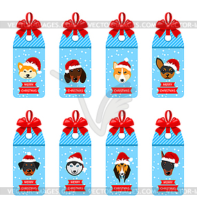 Set Christmas Labels with Heads Dogs in Santa Hats - vector clip art