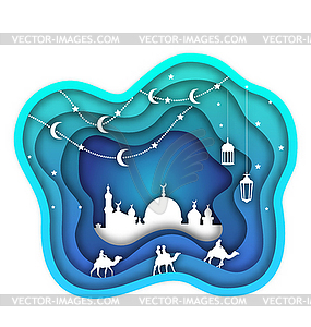 Ramadan Kareem Background, Mosque, Lanterns, Moon, - vector image