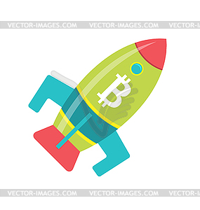 Bitcoin Rocket Ship Launching Into Space, - vector image