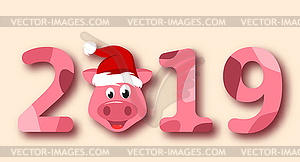 Christmas Pig Portrait in Santa Hat, Symbol - vector image