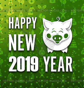 Happy New Year Card with Cut Paper Pig. Greeting - vector image