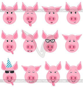 Heads of Cool Funny Pig Emoticon Characters, - vector image