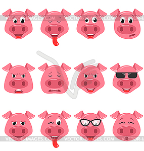 Heads of Cool Funny Pig Emoticon Characters, - vector clip art