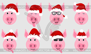 Funny Pigs in Santa Hats, Chinese Symbol New Year - stock vector clipart