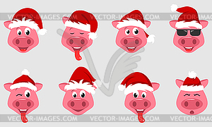 Collection Christmas Pigs with Santa Hats. Symbol - vector clip art