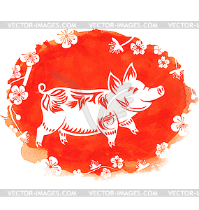 Watercolor Background with Floral Pig, Zodiac Symbo - vector image