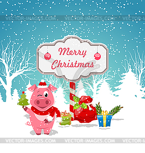 Funny Pig Wearing Santa Hat with Christmas Gift - vector clipart